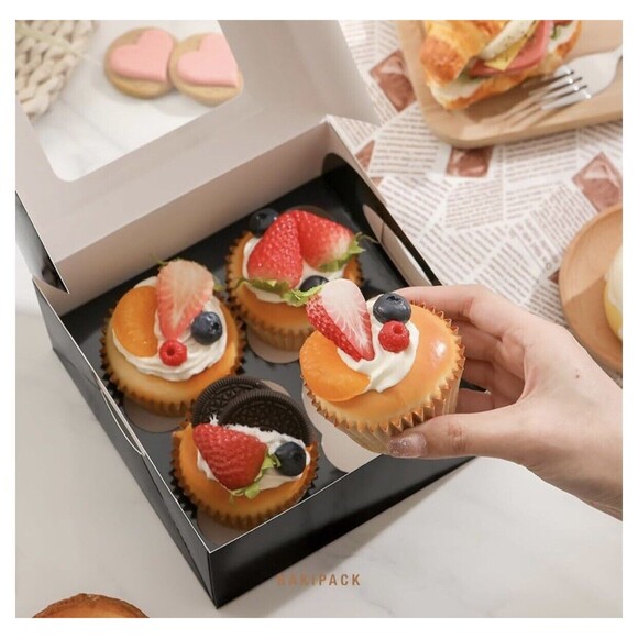 25 Black Cupcake Boxes, 4 Count Cupcake Containers with Window and Inserts, 6... - Picture 2 of 5